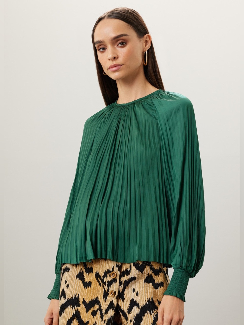 Rickie Freeman for Teri Jon Emerald Green Pleated Long-Sleeve Blouse